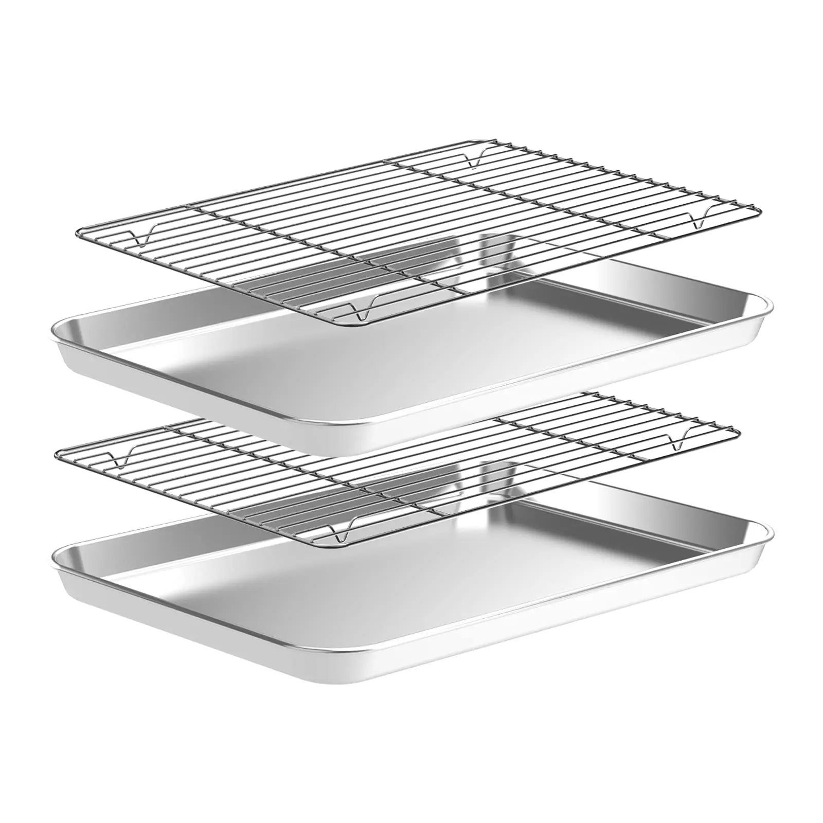 Stainless steel baking pan set with cooling rack, includes 2 quarter-size cookie sheets + 2 metal racks; cookware material is non-toxic, sturdy and durable, easy to clean, dimensions 12×10×1 inches, suitable for baking and cooking ingredients.