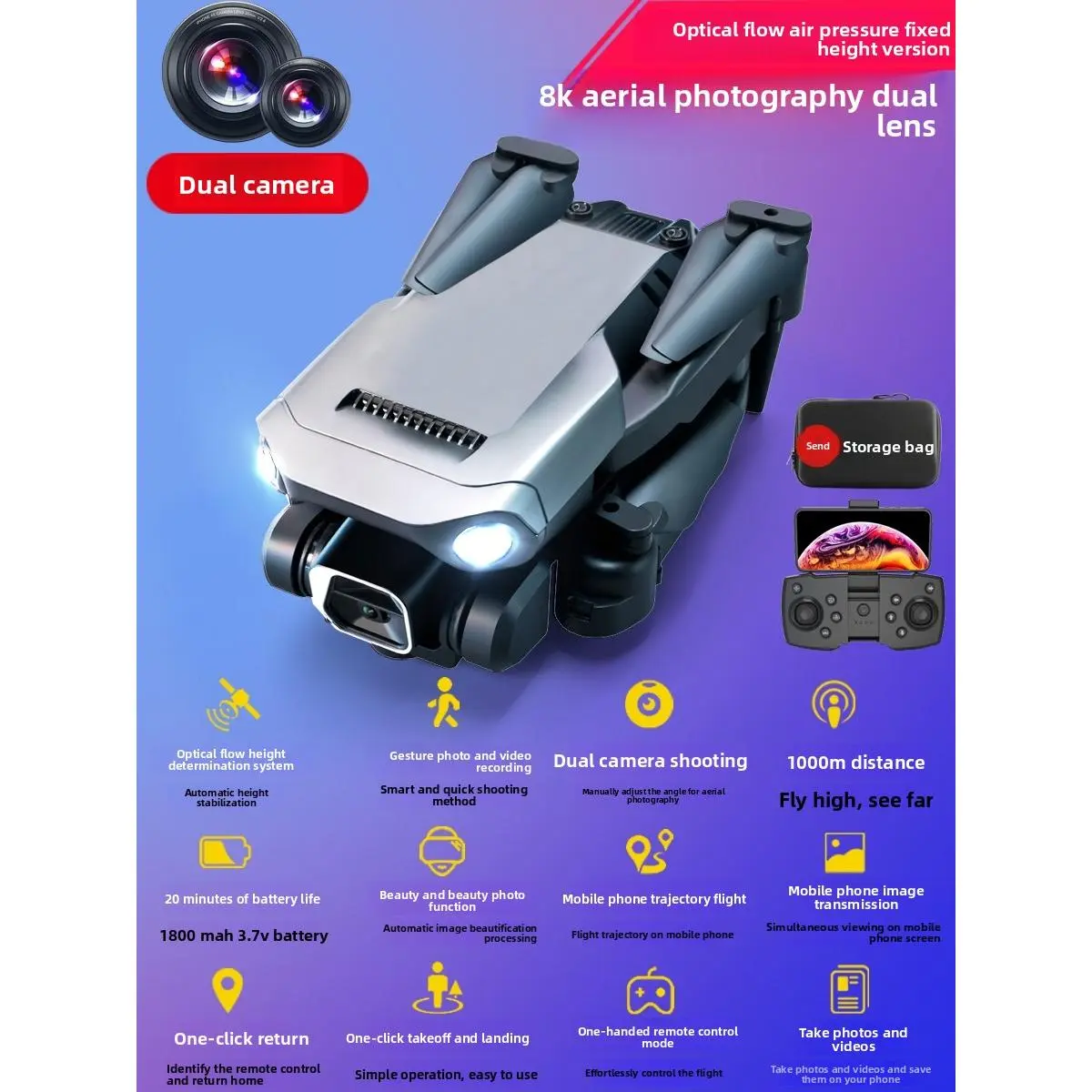 8K Dual Camera [Smart Height Hold/Auto Hover] One-