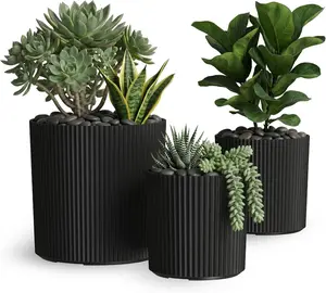 Set of 3 (10in, 12in, and 14in) Fluted Planter, Round Planters for Outdoor Plants, Lightweight Concrete Look Plant Pots for Porch, Patio, Garden and Entryway Décor, Black