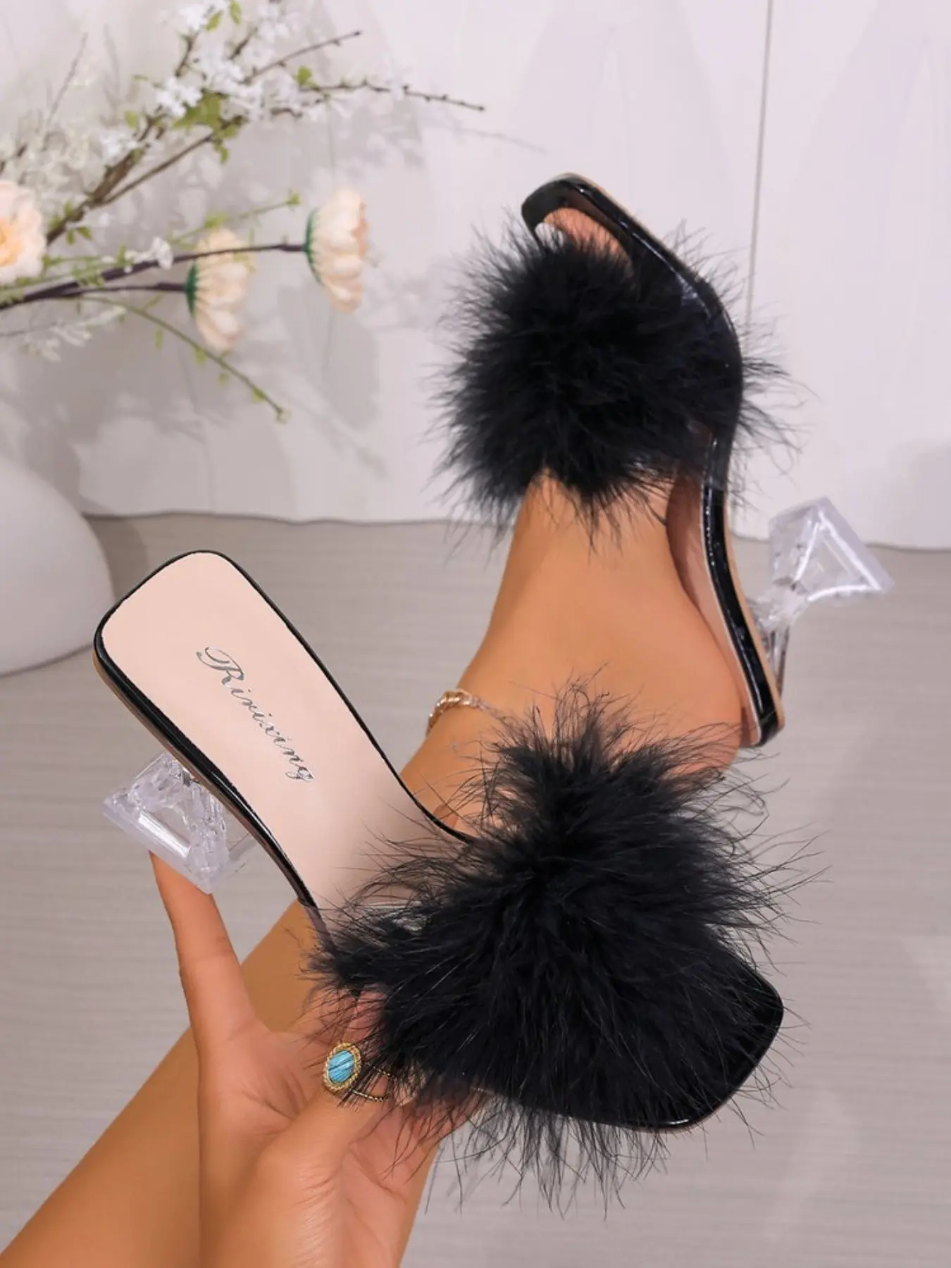 Summer New Soft Plush High Heel Sandals, Square Toe Open-Toe Crystal Thick Heel Fairy Fur Slippers, Elegant Women's Footwear, Elegant Heeled Sandals