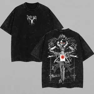 Ryuk & Light Yagami (Kira) Washed Tee – Death Note Anime Streetwear Vintage T-Shirt Menswear Top Man Tshirt Tropical Round Neck Crewneck Casual Shortsleeve
