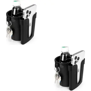 3-in-1 Bike Cup Holder with Cell Phone Keys Holder, Bike Water Bottle Holders, Universal Bar Drink Cup Can Holder for Bicycles, Motorcycles, Scooters, Black, 2 Pack