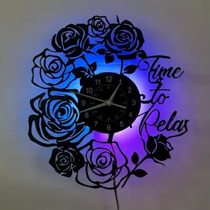 Colorful LED Vinyl Wall Clock with Rose Flower Design, Home & Office Decoration, Ramadan Prayer Clock, Birthday Gift, Retro Art Desk Ornament, LED Wall Clocks