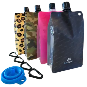 BellFlask - (Pack of 4, Variety) 15 oz. Plastic Flask, Patented, Flexible, Metal-Free, Reusuable, BPA-Free with Carabiner Clip and Filling Funnel