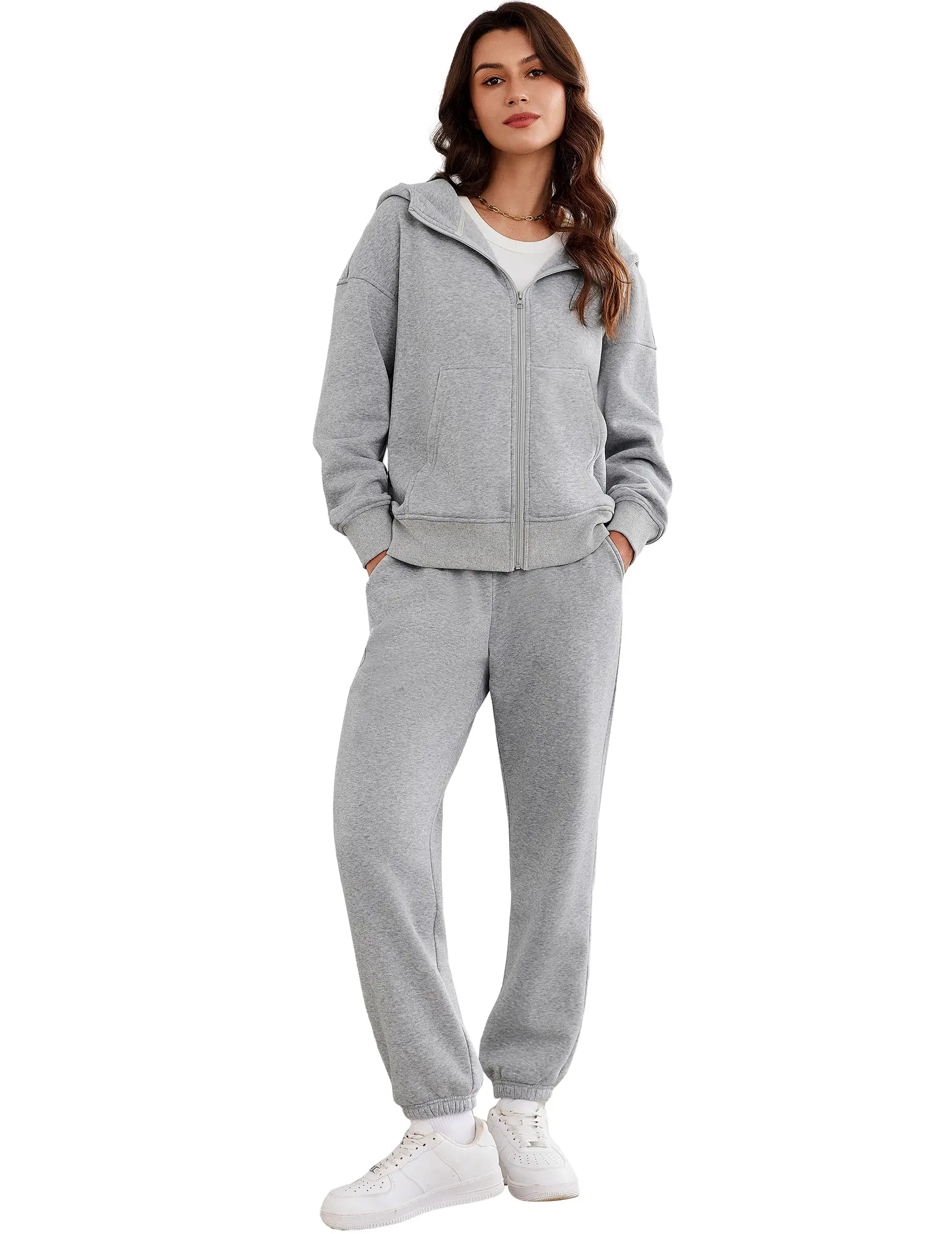 PINSPARK Women's 2-Piece Cozy Fleece Hooded Tracksuit Set - Zip-Up Hoodie, Drawstring Pants with Pockets, Running Workout Suit, Jogging Pants Set, Gym Fashion 2024 Back to School Outfit sohochic