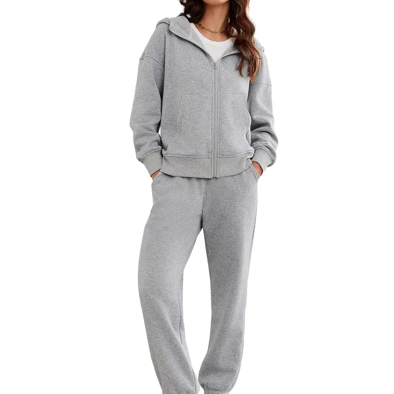 PINSPARK Women's 2-Piece Cozy Fleece Tracksuit Set - Zip-On Hood Hoodie, Drawstring Ankle-Cuff Pockets Pants, 5'4"-5'7" Running Workout Outfit, Back to School 2024 Gym-to-Street Wear