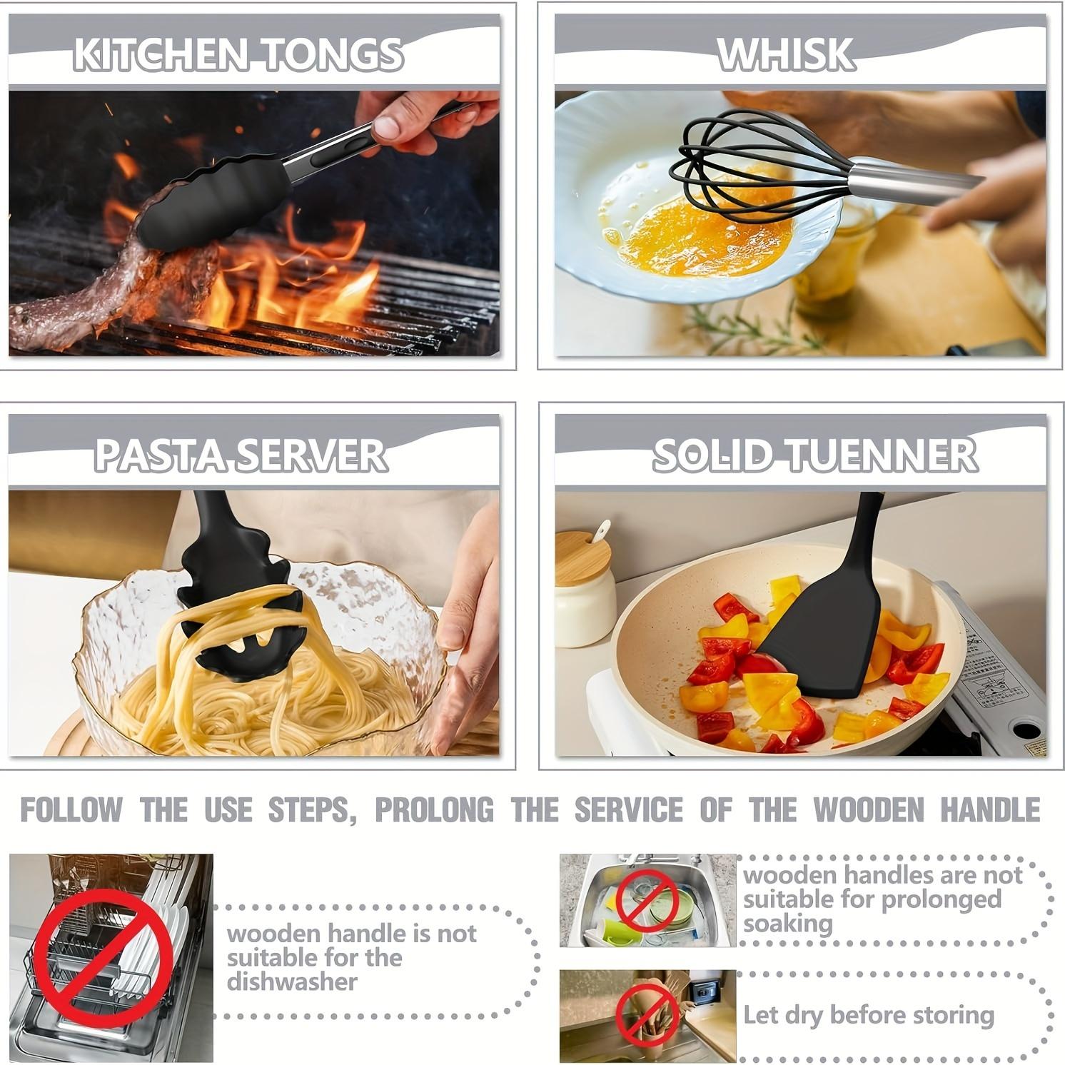 34PCS Silicone Kitchen Utensils Set – Heat Resistant Cooking Tools with Wooden Handles & Holder, Nonstick Safe Set for Nonstick Cookware, Black Wooden Handles Kitchen Gadgets Tools Set Father Gift