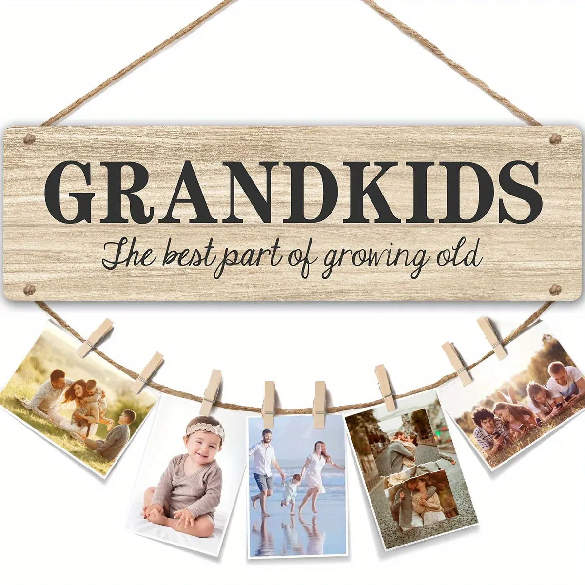 Wooden Family Photo Holder Plaque - Hanging Wall Frame for Grandparents from Grandchildren, Memories Decor for Christmas, Birthday Gifts (Side by Side or Miles Apart), Hangable