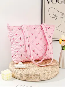 Women's Floral Pattern Quilted Tote Bag, Large Capacity Shoulder Bag for Daily Used, Casual Trendy Versatile High-quality Daily Commuting Bag, Girl Fashionable Bag, Shopper Handbag, Everyday Bags, Casual Commuter Bag, Quilted Purse Bags