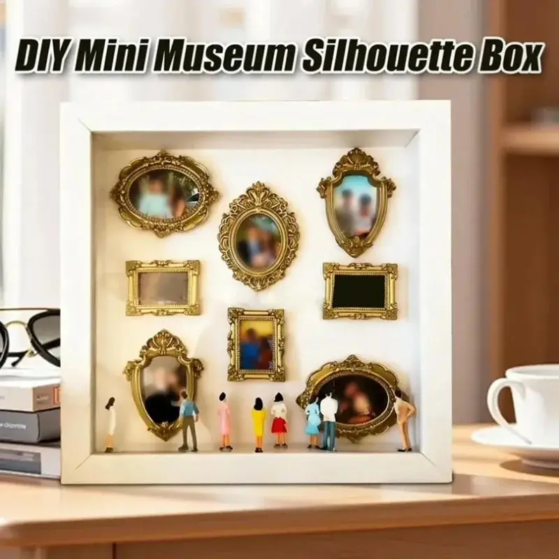 Hanging DIY Museum Silhouette Cavern Shadow Box with 8 Gold Mini Frames & 8 Handcrafted Character Figurines, Creative Fragment Scene Wall Display Box for Room Decor & DIY Craft Gift