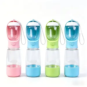 Portable Pet Water Bottle with Dispenser Bowl, 13.5 oz, Food-Grade Plastic, Manual Pressure Dispensing, Travel Water Bottle for Dogs and Cats