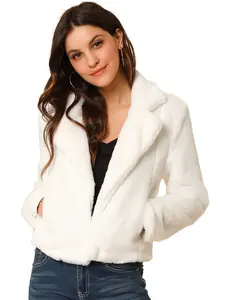 INSPIRE CHIC Cropped Faux Fur Jacket Lapel Cardigan Shrug Winter Fluffy Faux Fur Coat