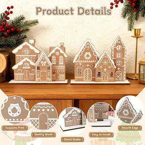 Christmas Gingerbread House Table Decor Set, Wooden Gingerbread House Kit with 6 Mini Houses and 2 Bases, DIY Farmhouse Holiday Display, Rustic Desktop Ornament