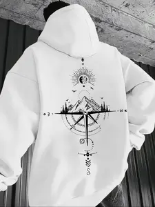 Men's Trendy Hooded Sweatshirt, High-Quality Fabric, Comfortable Compass Print Design, Casual Summer Wear, Fitted Style
