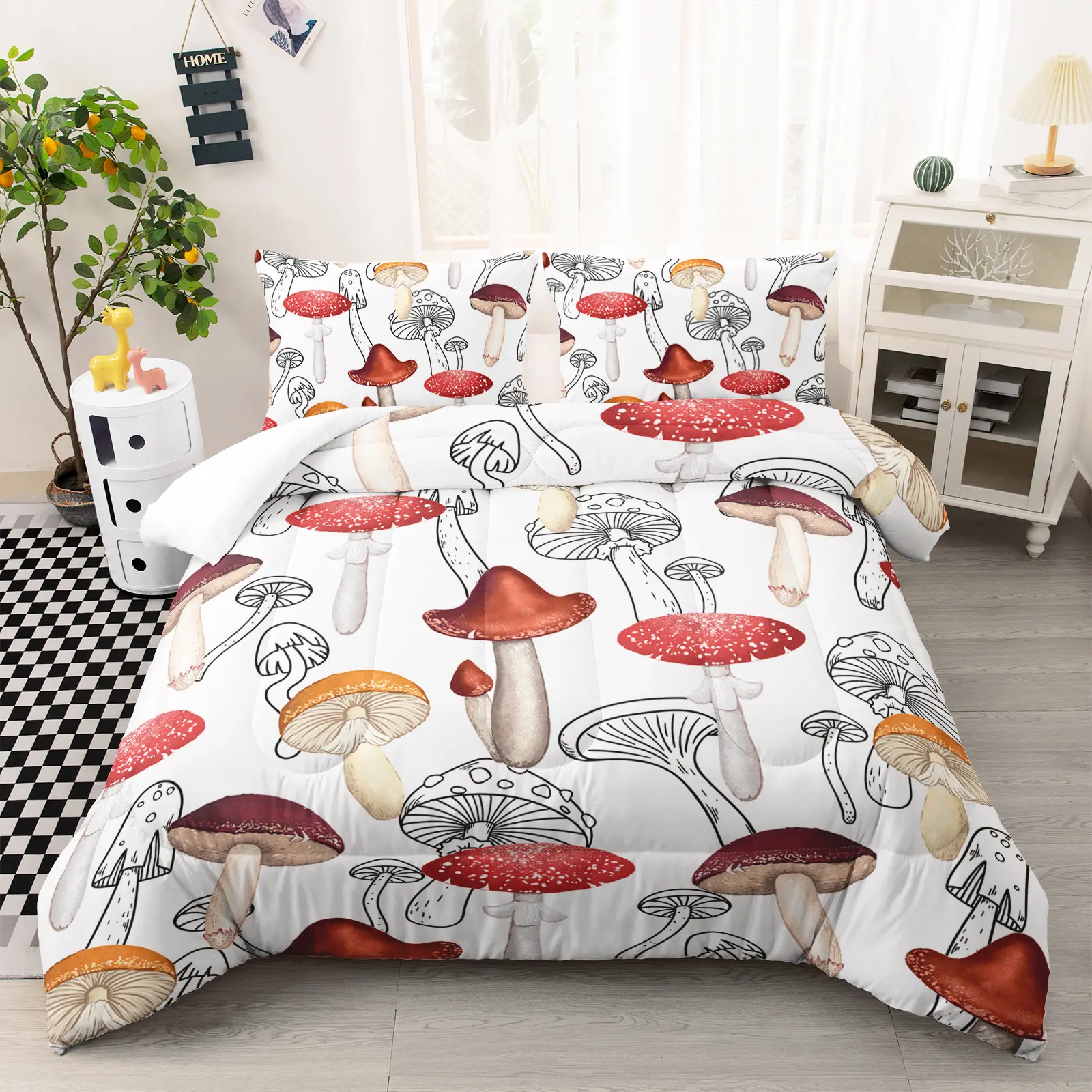 Queen Size 3-Piece Soft Microfibre Decorative Bedding Set - Mushroom Print Playful Look Breathable Warm Comforter with 2 Pillowcases, Lightweight All-Seasons Machine-Wash Bed Set for Girls’ Bedrooms, Family Gift