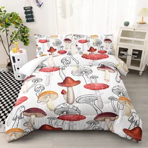 3pcs Mushroom Print Comforter Set, Botanical Duvet Set for Girls and Adults Bedroom or Guest Room Decor, Lightweight Soft All Seasons Comforter Machine Washable Microfiber Quilt with 2 Pillowcases , Gifts for the Family