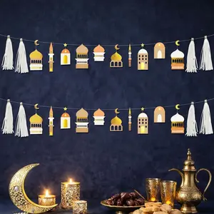 Ramadan Banner Eid Mubarak Banner Ramadan Decorations Garland Gold White Party Decorations Islamic Mosque Garlands Islam Party Hanging Decor Gold Star Moon Crescent Muslim Party Supplies
