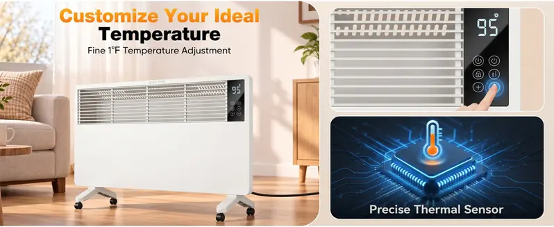 1500W Fan-Free Convection Space Heater with Thermostat, ECO Mode, 6-Layer Safety Protection, Freestanding/Wall-Mountable Electric Heater for Indoor Use 1500W Fan-Free Convection Space Heater with Thermostat, ECO Mode, 6-Layer Safety Protection, Freestanding/Wall-Mountable Electric Heater for Indoor Use
