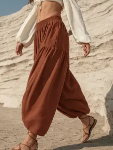 Women's Spring Summer Casual Solid Color High Waist Wide Leg Pants, Boho Bohemian Vacation Long Pants, Loose Fit Harem Lantern Pants