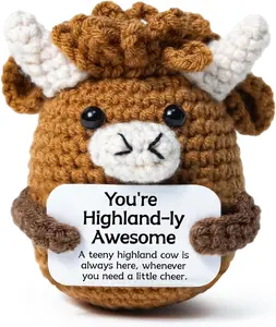 Mini Funny Awesome Highland Cow Crochet Doll, Emotional Support Crochet Animal, Positive Inspirational Desk Decor & Cheer Up Gift for Friends Coworkers