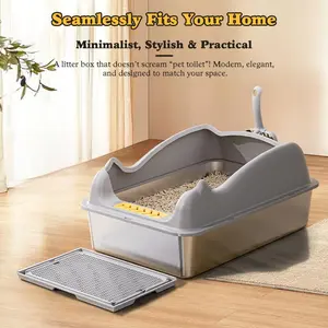Extra Large Stainless Steel Cat Litter Box, High Wall Anti-Leak Litter Pan, Non-Stick Odor Resistant Pet Toilet for Indoor Cats, Litter Mat Not Included cat litter box