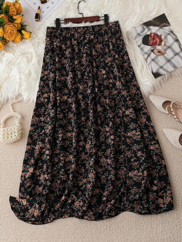 【Plus Size】 Ditsy Floral Print Long Skirt, Floral Printed Skirt, Boho Fashion Casual Skirt for Daily Holiday Vacation Wear, Women Plus Clothing for Summer