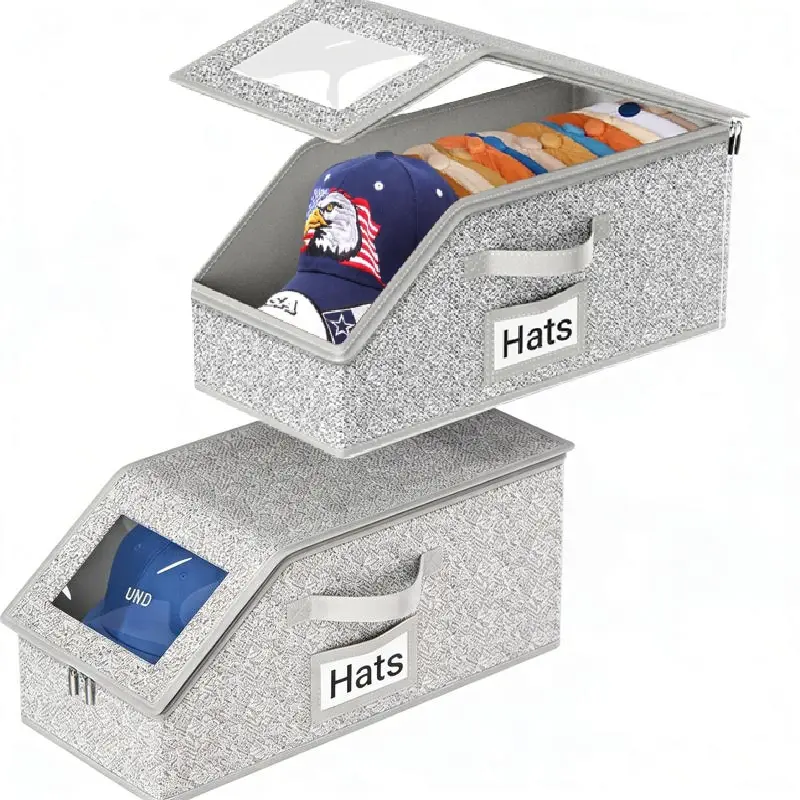 Stackable Hat Storage Boxes for Baseball Caps, Holds Up to 24 Hats, Durable Cardboard Box for Men, Classic Style, Wardrobe Organizer  storage organization organizer storage sturdy snapback box toy box toy organizer storage stuffed animal storage Grey tik
