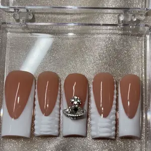 White French Tip Arcylic Press On Nails with Elegant Crystal Accents for Stylish Manicures