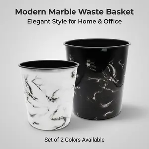 Modern Marble Waste Basket - Decorative Small Trash Can for Bathroom, Bedroom, Office - Sleek Marble Pattern Dustbin Set