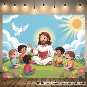 1PC,2D Flat Christian Sunday School Children's Event Backdrop, Cartoon - themed Background with Jesus and Kids, Religious Festival Party Decoration & Photography Prop, Ideal for Birthday Party &
