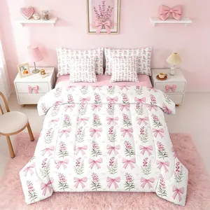Lavender Bowknot 7 Piece Bedding Set,Love Heart Comforter Set with Sheets Cute Pink Bowknot Bed in a Bag Pink Florals Plants for Kids Girls Women