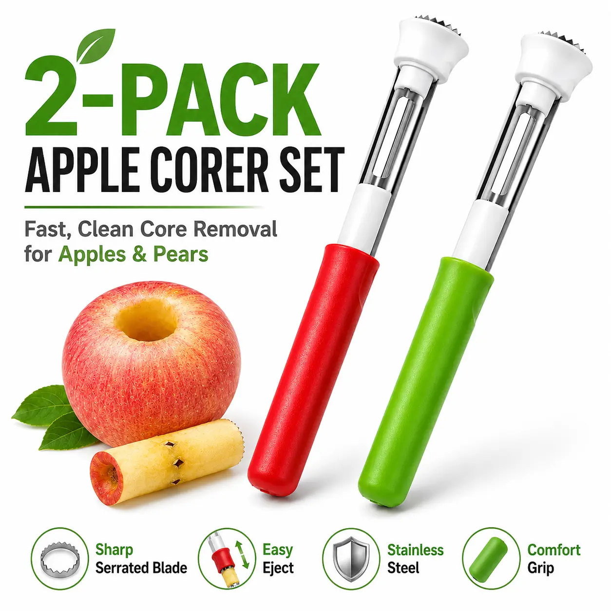 Apple Corer and Peeler 2 in 1, Stainless Steel Apple Core Removal Tool with Serrated Blade, Fruit Corer for Apples Pears, Ergonomic Kitchen Gadget for Baking, Kids Fruit Snacks, Home Meal Prep