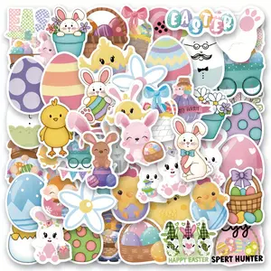 Easter Egg Stickers 50pcs Random Designs, Cute Colorful Bunny Chick Egg Flower Cartoons, Waterproof Decorative Stickers for DIY Projects, Stickers Kit, Funny Stickers