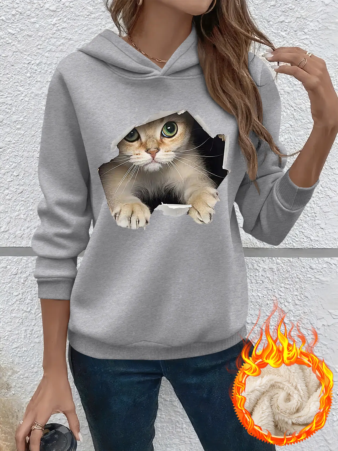 Women's Winter Warm Hooded Sweatshirt, Graphic Cat Print Lamb Wool Pullover, Casual Thick Fleece Jumper, One Piece, Perfect for Cold Weather