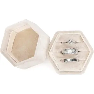 Velvet Jewelry Ring Box, 3 Slots Hexagon Ring Gift Box Vintage Ring Display Holder Case for Wedding Ceremony Proposal Engagement (Beige, 3 Slots)