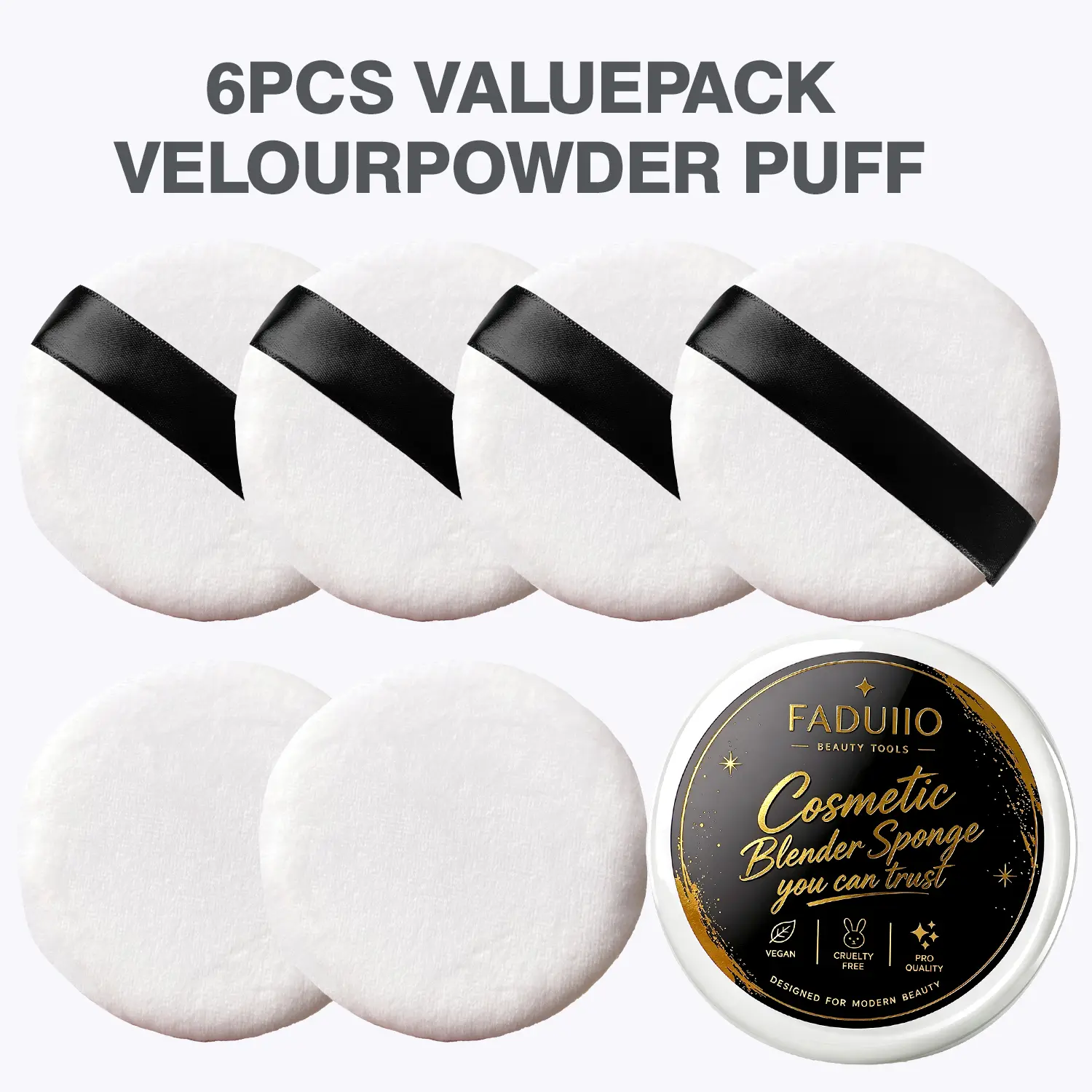FADUIIO 6Pcs Ultra Soft Powder Puffs Set with Storage Case, Velvety Flocked Puffs for Loose Powder Setting, No Mess No Waste for Flawless Base Makeup