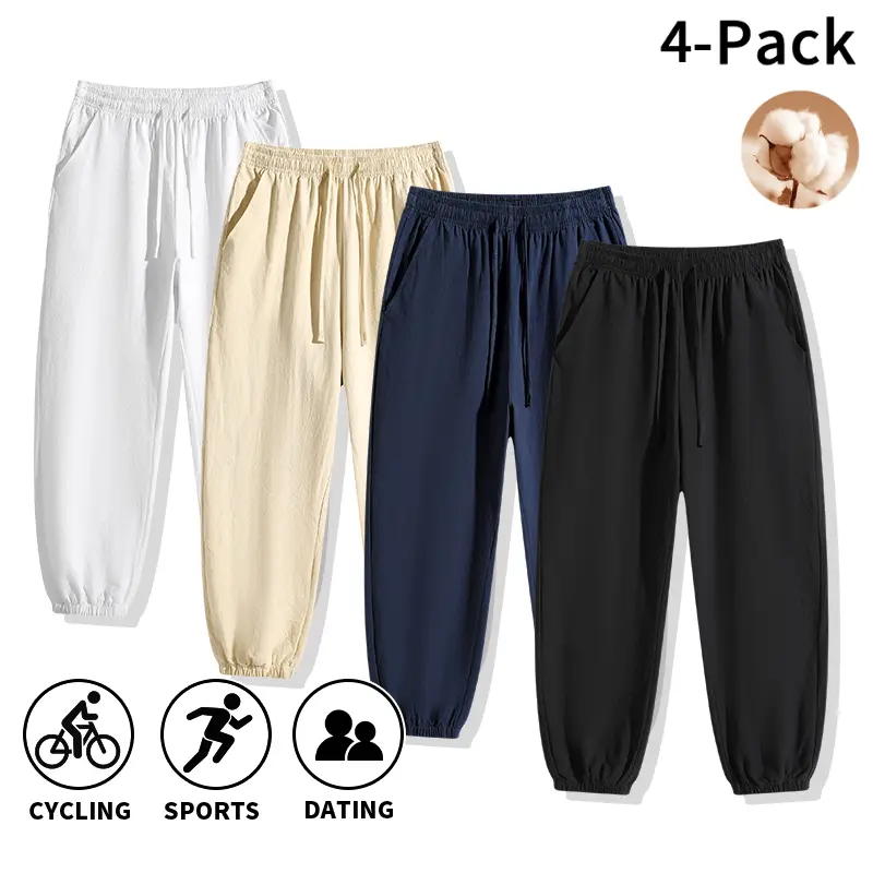 Men's Long Plain Cotton Linen Fabric Jogger Pants, 1-Pack/4-Pack Solid Color Drawstring Casual Loose Pants, Breathable for Cycling, Sports, Menswear, Male, Streetwear Joggers, Workout Joggers Pants