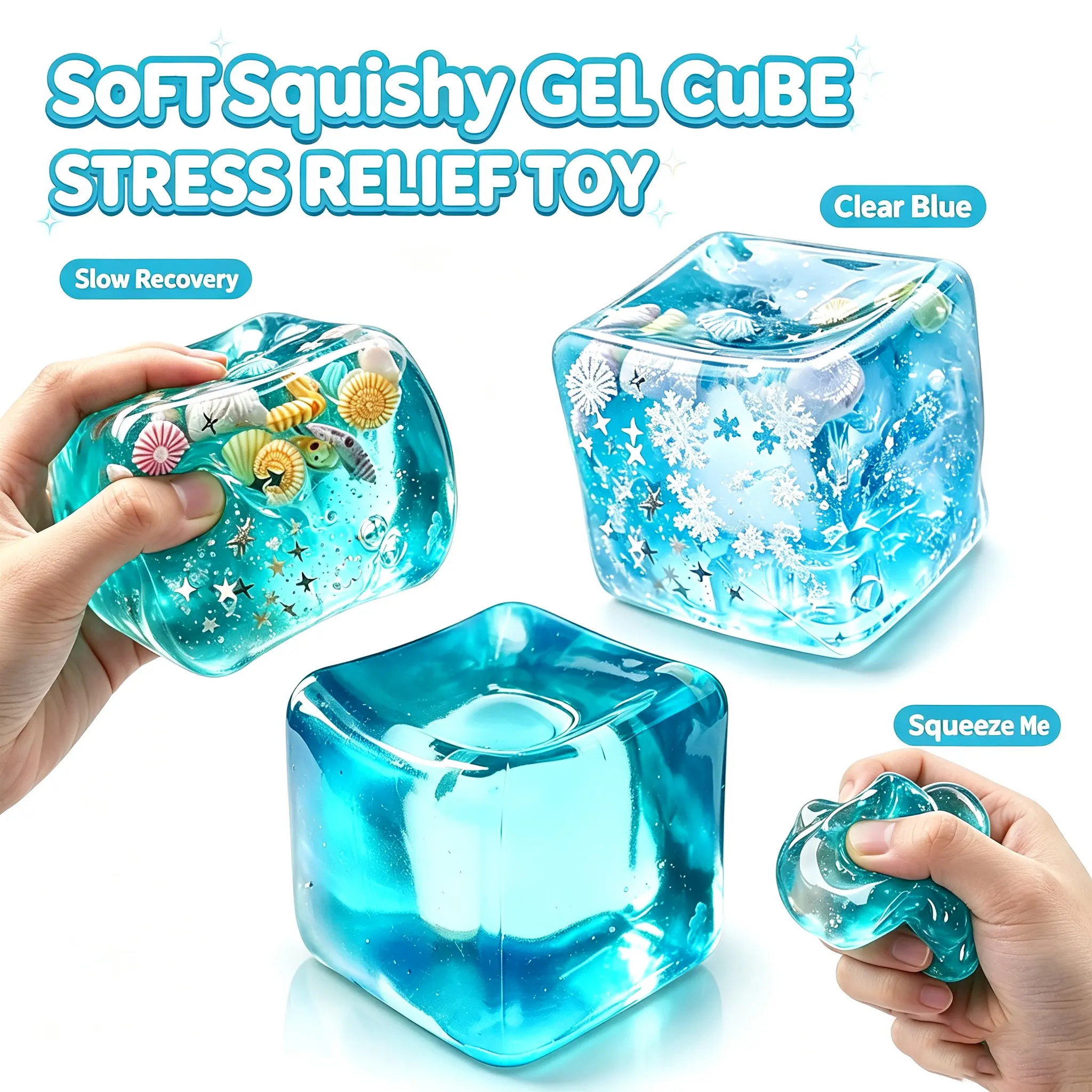 Ice Cube Squishy Toy 3 Styles (Snowflake, Sea Shell, Pure Blue), Sensory Fidget Squeeze Toy for Stress Relief, Cute Desk Gift for Kids Adult