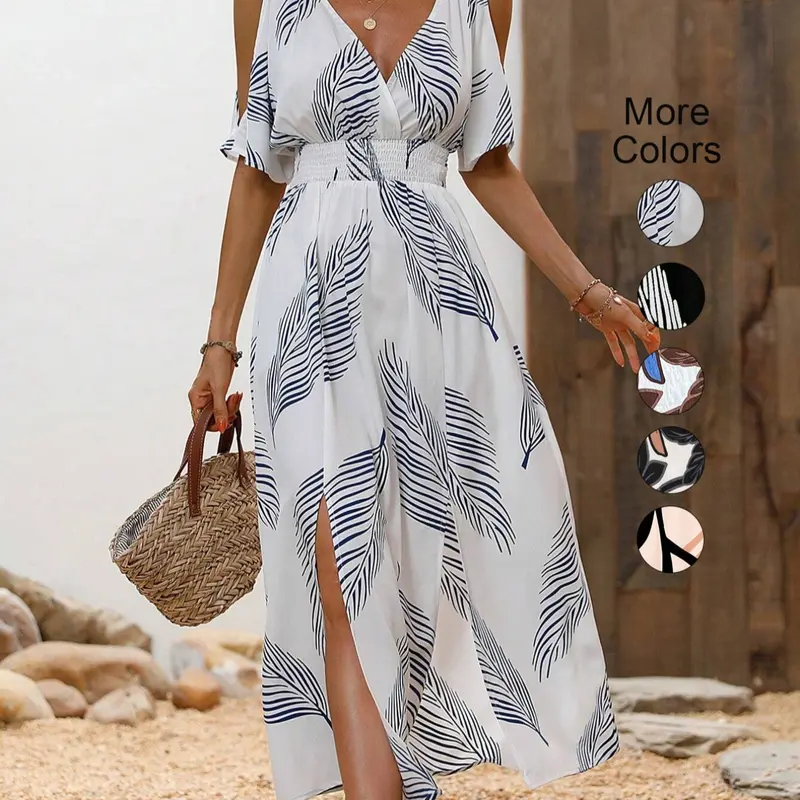 Women's Tropical Print Split Shoulder Slit, Womenswear Aesthetic Casual Boho Fitted Woven Fabric, Perfect Vacation, Summer, All Seasons Wear, Bohemian Aesthetic