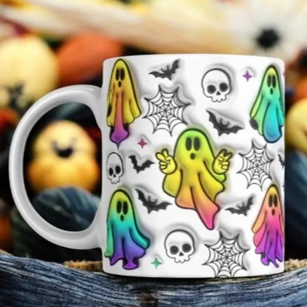Ghost 11oz Coffee Mug with Colorful Ghost Design and Halloween Elements Perfect for Your Beverage Needs