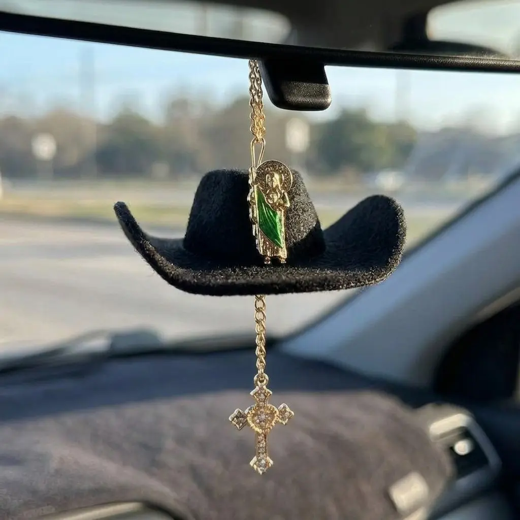 St. Jude Car Blessing Charm. Handmade Protection Gift Decoration, Black Sombrero Car Ornament Car Trinkets, Car Hanging Ornament, Car Decorations Interior