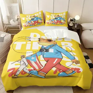 Coqui Frog & Puerto Rico Flag  Design Duvet Cover Set, Include One Comforter Cover and 1/2 Pillowcases, Caribbean Cultural Print Unique Fashion Quilt Cover, Soft Microfiber Multi-size and Multi-pattern Bedding