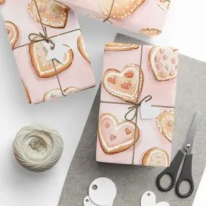 Christmas Gingerbread Hearts Wrapping Paper, Blush Pink Bakery Gift Wrap For Holidays, Watercolor Iced Cookie Gift Wrap