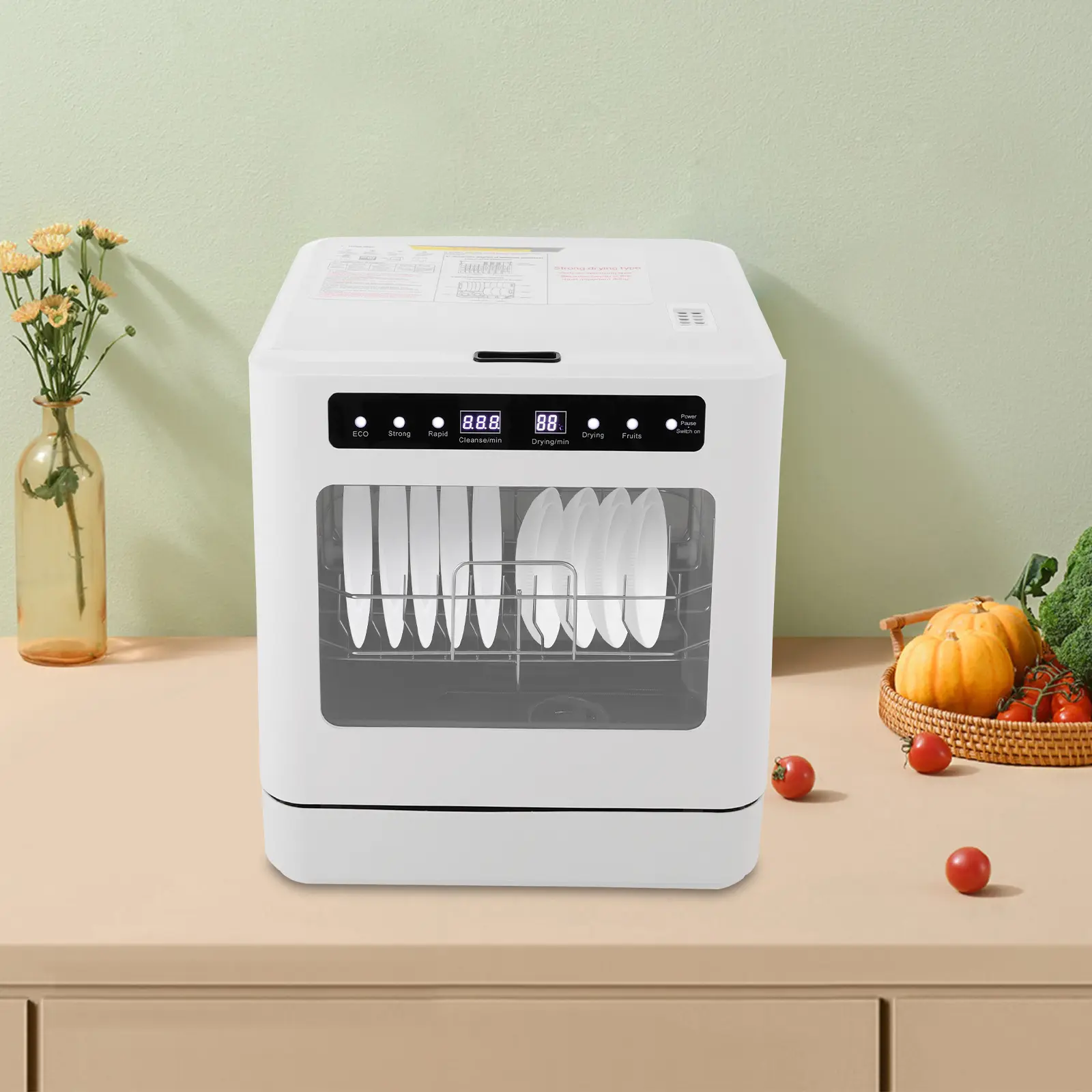 CNCEST 6.8L Rectangular Portable Countertop Dishwasher - US Standard Plug, Fully Automatic, High-Temp Wash, 4 Modes, LED Display, Touch Control, 4-6 Person Capacity, Antibacterial Plastic (ABS & PP) Build, for Household Kitchen Dishes & Cups