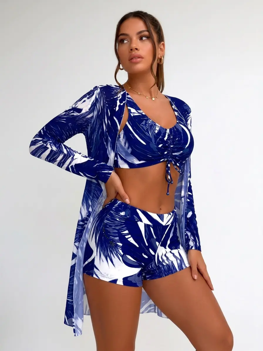 Women 3 Piece Tropical Palm Leaf Print Bathing Suit Set, Front Drawstring Crop Bikini Top, High Waisted Swim Shorts, Long Sleeve Open Front Beach Cover Up Kimono, Summer Pool Cruise Swim Matching Outfit