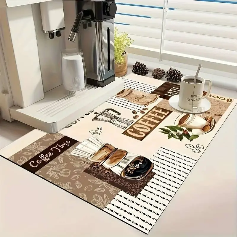 Coffee Machine Mat, Dish Drying Pad, Non-Slip Washable Algae Clay Dryer, Coffee Theme Design, Kitchen Decorative Placemat, Perfect Bar Decor, Suitable for Countertop and Kitchen
