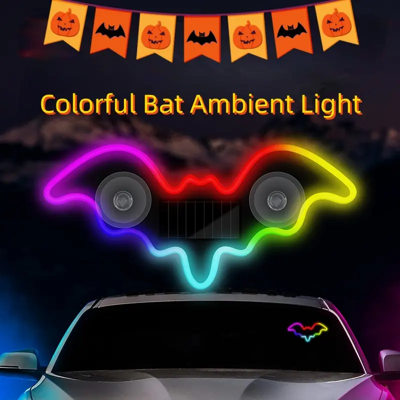 Solar Powered Wireless LED Neon Light - Bat Shaped C-Pillar Car Interior LED Lamp, Modern Eco-Friendly Car Decor Accessories, Wireless Neon Car Light, Cute Goth In-Car Ornament Light-MM1
