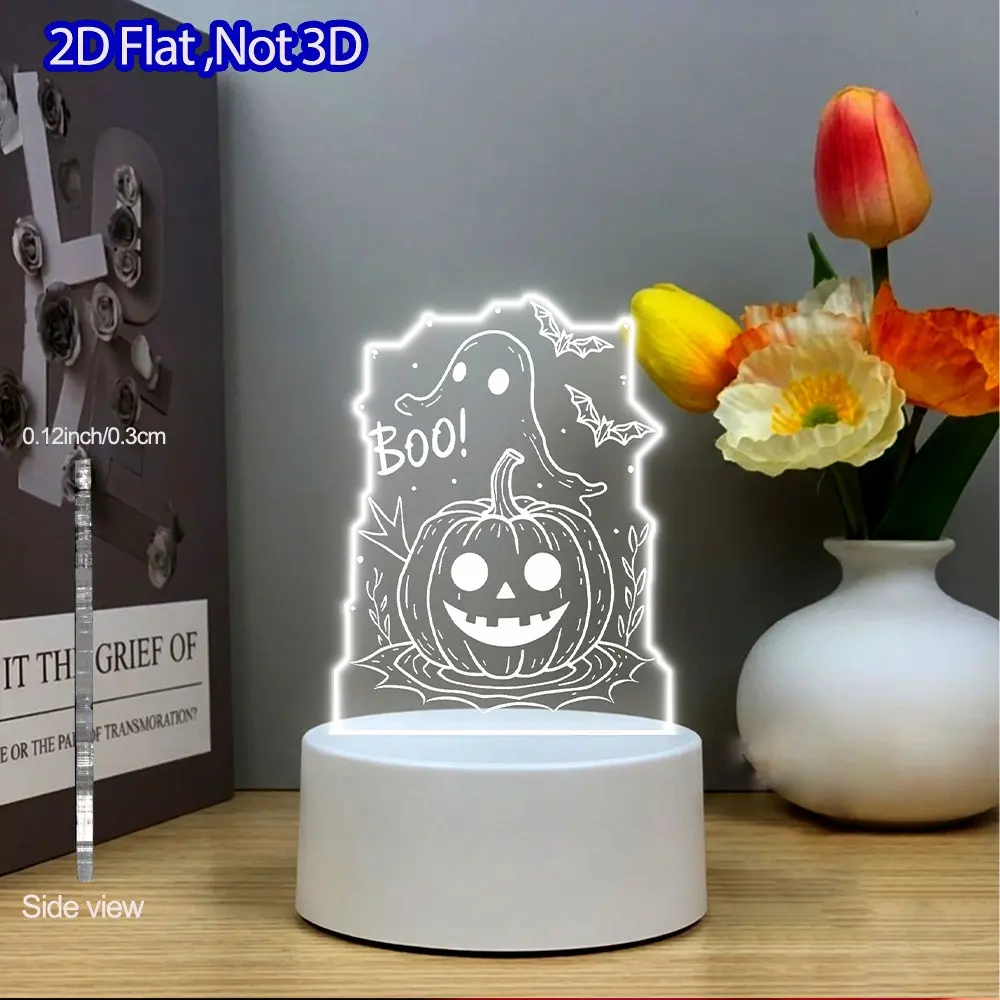 Acrylic LED Night Light, UV Printed Line Art, Halloween Fun 'shh' Pumpkin Bat Spider Web, USB Powered Desk Lamp, Comfort Reading Gift