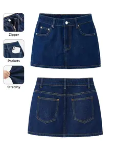 Women's Basic A-Line Denim Mini Skirt, Pockets Design, Slim Fit, Elastic Fabric, Perfect for Party, Date, Casual
