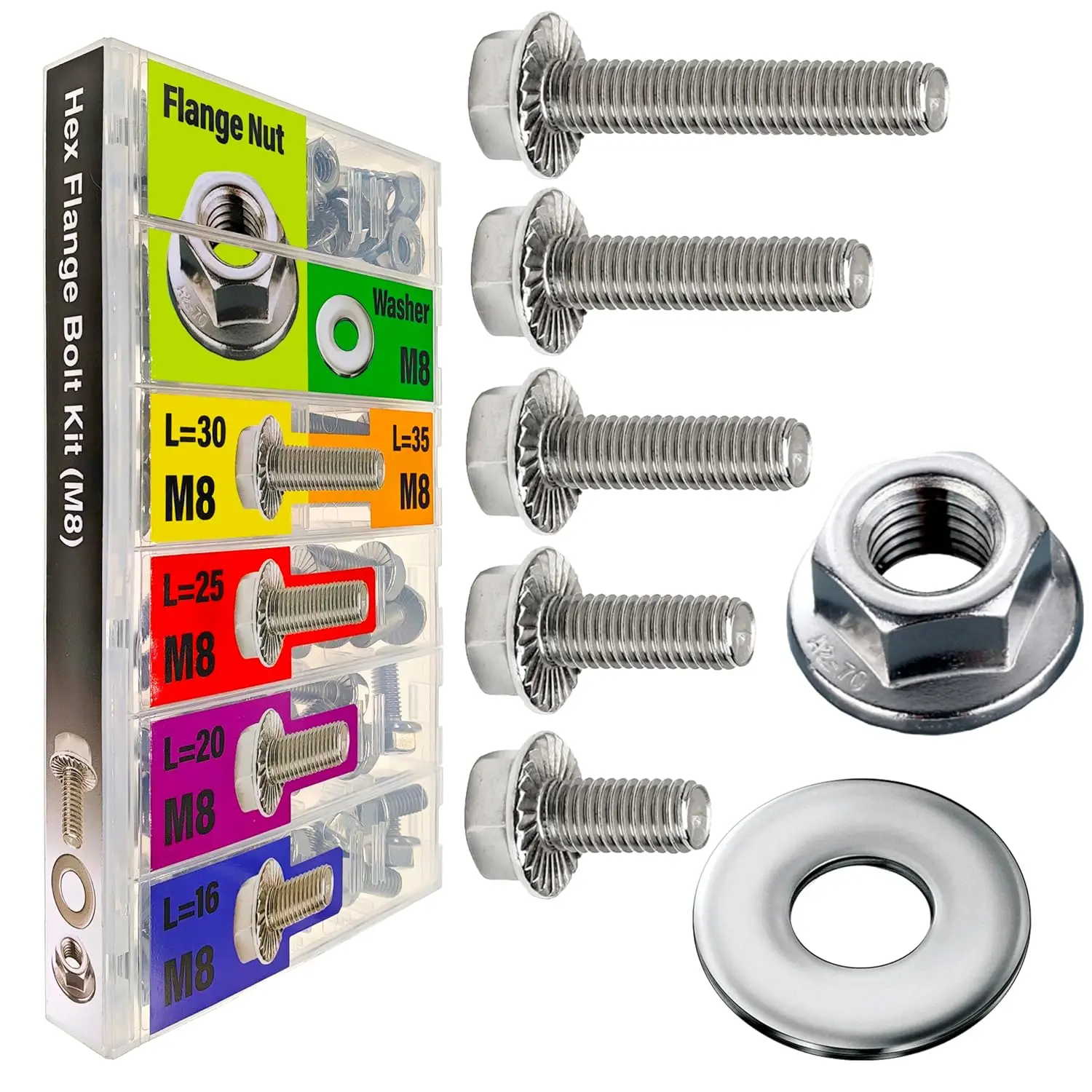 Metric Hex Flanged Bolt Assortment Kit 96 count and Nuts Kit Set,M8 Bolt 16mm 20mm 25mm 30mm 35mm Flange Metric Large Hardware Grade Hex Bolt Assortment,304 Stainless Steel Class Flat Washers